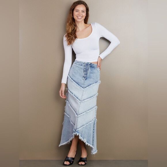 Wash Lab Denim Chevron Raw Hem Maxi Skirt - Size 29 / M - L - Picture 12 of 14